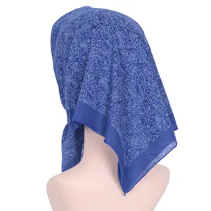 Blue floral rhinestone headscarf lightweight Islamic hijab square wrap women head cover