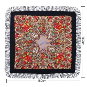 Classic floral print square shawl with fringe retro ethnic style large wrap scarf for women