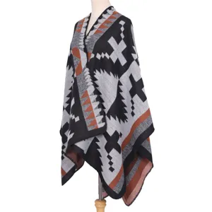 Women ethnic geometric print knitted poncho warm thick imitation cashmere cape shawl outer