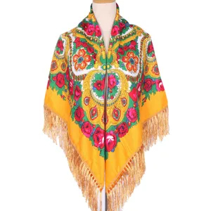 Ethnic floral print women shawl summer Russian Xinjiang large square scarf tassel.