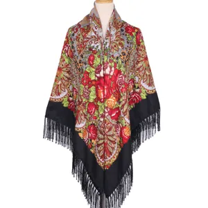 Vintage Floral Print Fringed Shawl Large Square Scarf Women Retro Party Evening Wrap