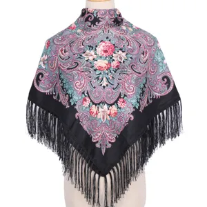 Vintage floral print square scarf with fringe, ethnic style warm shawl for women.