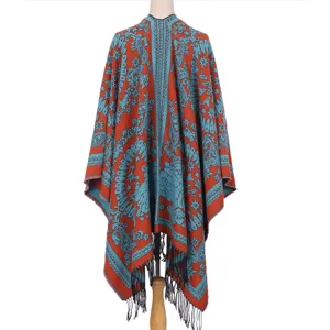 Ethnic style women's imitation cashmere shawl cape, thick warm open front poncho for travel.
