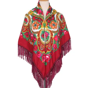 Ethnic floral print square shawl for women, traditional Russian style scarf with rich tassel fringes.