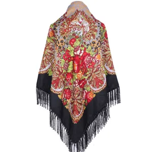 Retro floral print square shawl with black fringe, elegant vintage Slavic style scarf for women.
