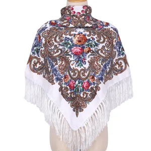 Women's Vintage Ethnic Style Printed Tassels Scarf Retro Floral Square Head Wrap Shawl Travel Daily Accessories