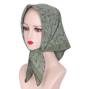 Olive green floral rhinestone headscarf for women, stylish square hijab and hair cover scarf.