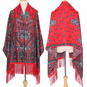 Red ethnic paisley print shawl with stylish fringe, perfect for versatile daily wear.