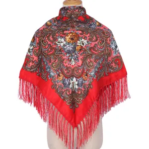 Women retro ethnic printed warm shawl with fringe and classic floral pattern design.