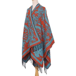 Women thickened imitation cashmere shawl cape detail, ethnic paisley print with fringe hem.