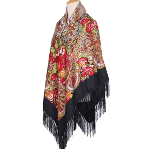 Vintage floral print shawl scarf with fringe elegant large wrap for women party evening dress