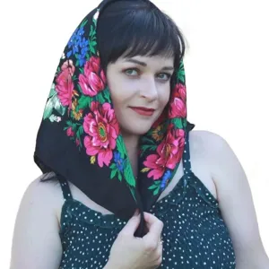 Traditional Russian floral print headscarf ethnic style square shawl for women 70cm
