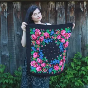 Russian style floral square scarf, ethnic print head wrap, black warm women shawl 70cm