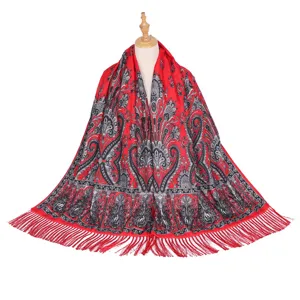 Ethnic print fringe long scarf women bohemian fashion warm shawl cape versatile daily wear
