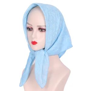 Light blue rhinestone square headscarf for women floral printed breathable hijab veil wrap