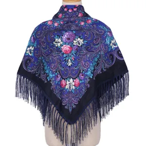 Ethnic vintage floral print warm shawl scarf for women fringe design cozy outerwear