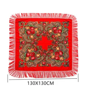 Russian style red floral square scarf with fringe, 130x130cm cotton women winter warm shawl