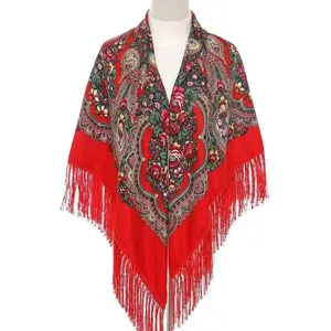Red floral fringed shawl scarf traditional Russian style ethnic mantle cape for women daily wear