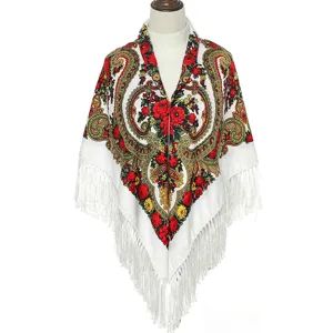 Ethnic style floral print fringe scarf, vintage Russian square shawl, elegant women cape wrap.