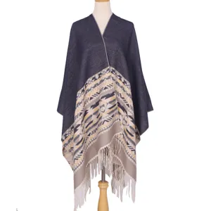 Women ethnic geometric patterned imitation cashmere shawl cape winter warm tassel poncho detail