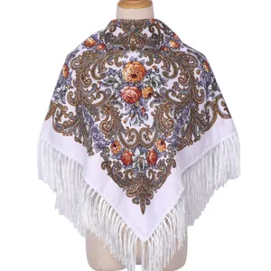 Ethnic floral print square scarf shawl with fringe for women vintage winter warm head wrap