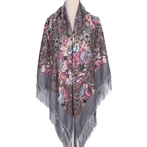 Gray floral print tassel shawl scarf vintage elegant party evening wrap accessory detail