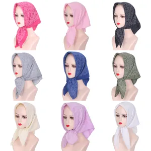 Women Fashion Headscarf Lightweight Floral Printed Rhinestone Embellished Square Scarf Muslim Hijab Dustproof Head Cover