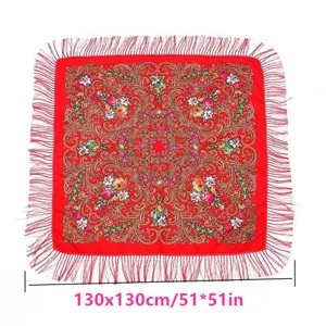 Red ethnic floral fringe square scarf 130x130cm vintage winter warm shawl women