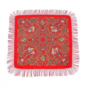 Red traditional floral square scarf with fringe, ethnic style shawl for women daily wear.
