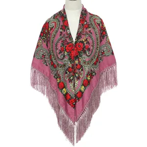 Pink ethnic fringe shawl Russian style floral print square scarf vintage accessory