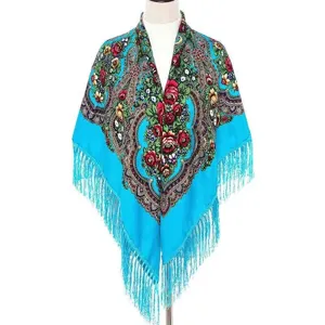 Vibrant blue Russian style floral fringe shawl square scarf women elegant vintage wrap cape