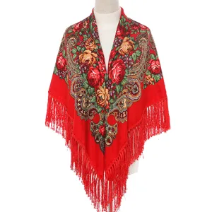 Women Red Floral Fringe Shawl Russian Style Autumn Winter Warm Cotton Scarf Headscarf