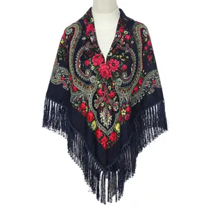 Traditional Russian style floral fringe shawl for women, vintage dark blue printed cape scarf.