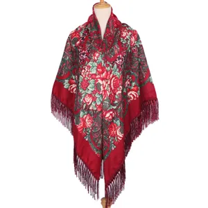Retro floral print fringed shawl scarf for women, elegant red wrap for party and daily wear.