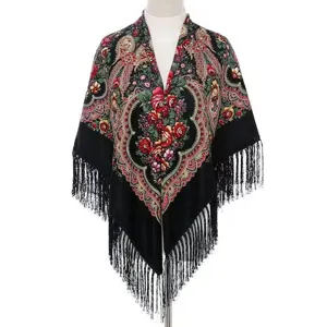 Russian floral square shawl vintage fringe scarf women ethnic wrap cape cloak fashion accessory