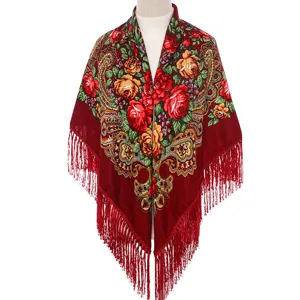 Ethnic floral fringe shawl scarf for women, Russian style vintage cotton winter warm cape.