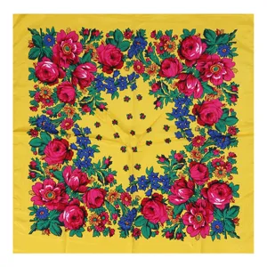 Yellow Russian style floral square scarf women vintage print flower headscarf cotton