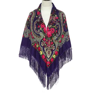Vintage floral fringe shawl, ethnic style purple large square scarf for women and cheongsam.
