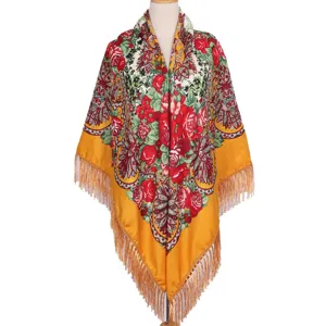 Vintage floral print shawl women large square scarf fringe party evening wrap cape.