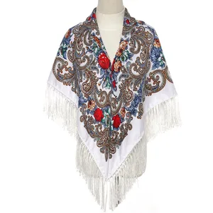 Russian vintage ethnic floral print tassel shawl winter warm cozy scarf for women