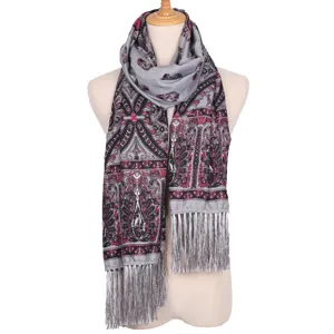Bohemian paisley printed long scarf with delicate fringe detail, soft and stylish.