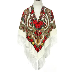 Traditional Russian style floral fringe shawl women elegant ethnic print square scarf.