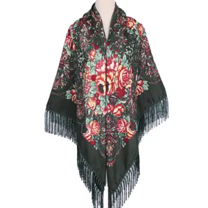 Retro floral print shawl for women, elegant vintage tassel wrap scarf for evening party dress.