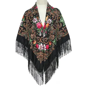Vintage Ethnic Floral Print Cotton Blend Tassel Shawl Large Square Scarf For Women Daily Travel Wear