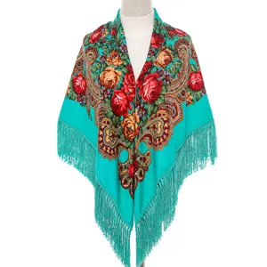 Traditional Russian style floral print tassel square shawl women cotton warm autumn scarf.