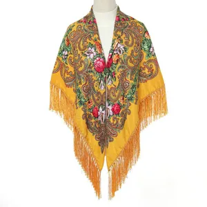 Traditional Russian floral fringed shawl vintage ethnic style wrap scarf for women