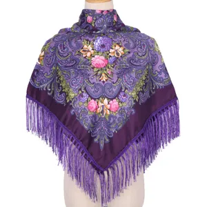 Ethnic floral print purple shawl scarf with fringe vintage style winter warm head wrap