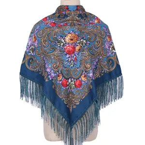 Detailed view of women retro ethnic floral print square shawl scarf with fringe trim cozy.