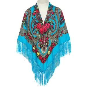 Ethnic floral print tassel shawl scarf, vintage Russian style large square wrap for women.