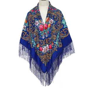 Traditional floral print square scarf with delicate tassels for women autumn winter warm shawl.